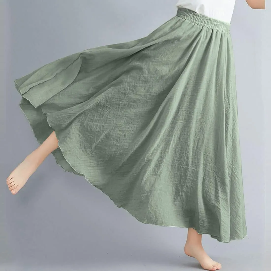 ASHER FASHION Women's Bohemian Style Elastic Waist Band Cotton Linen Long Maxi Skirt Dress