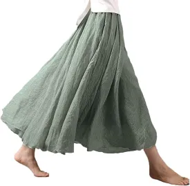 ASHER FASHION Women's Bohemian Style Elastic Waist Band Cotton Linen Long Maxi Skirt Dress