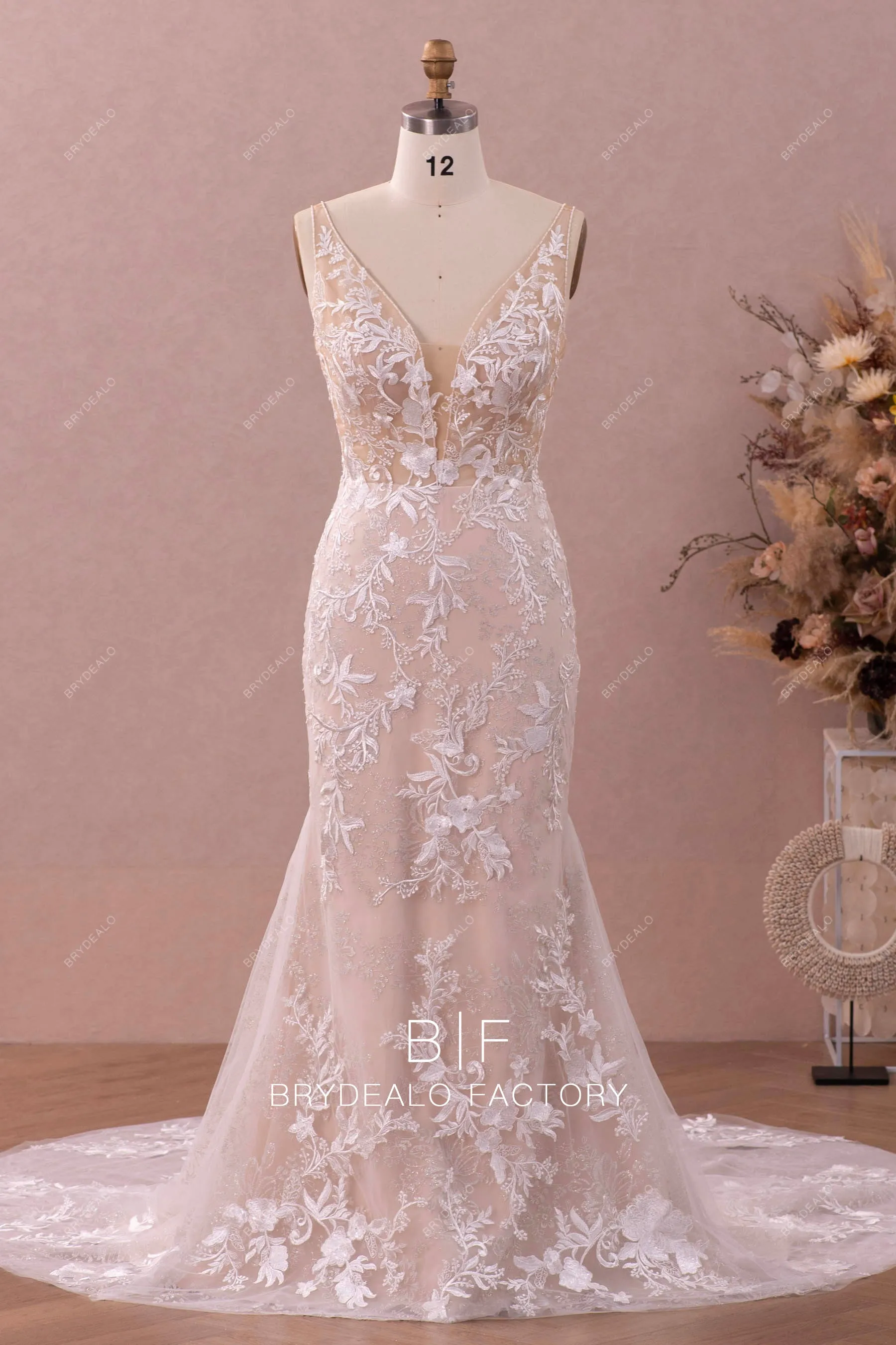 Beaded Plunge Neck Lace Mermaid Overskirt Bridal Gown