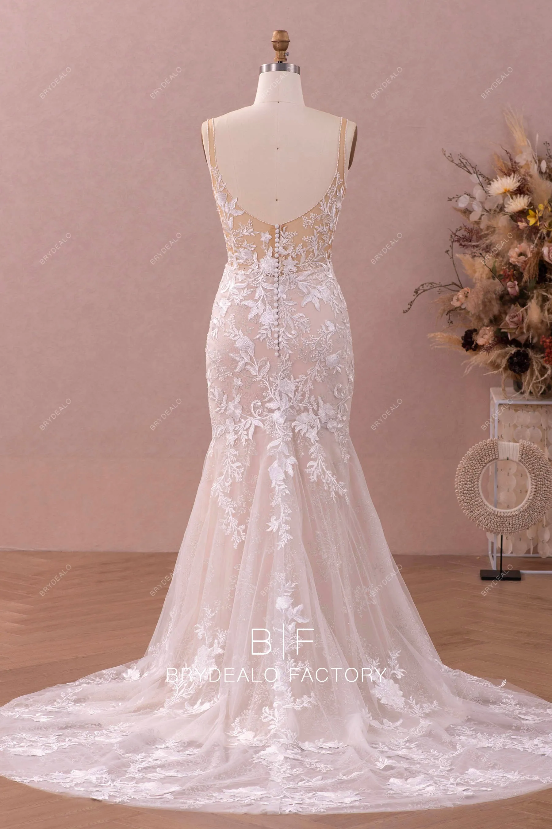 Beaded Plunge Neck Lace Mermaid Overskirt Bridal Gown