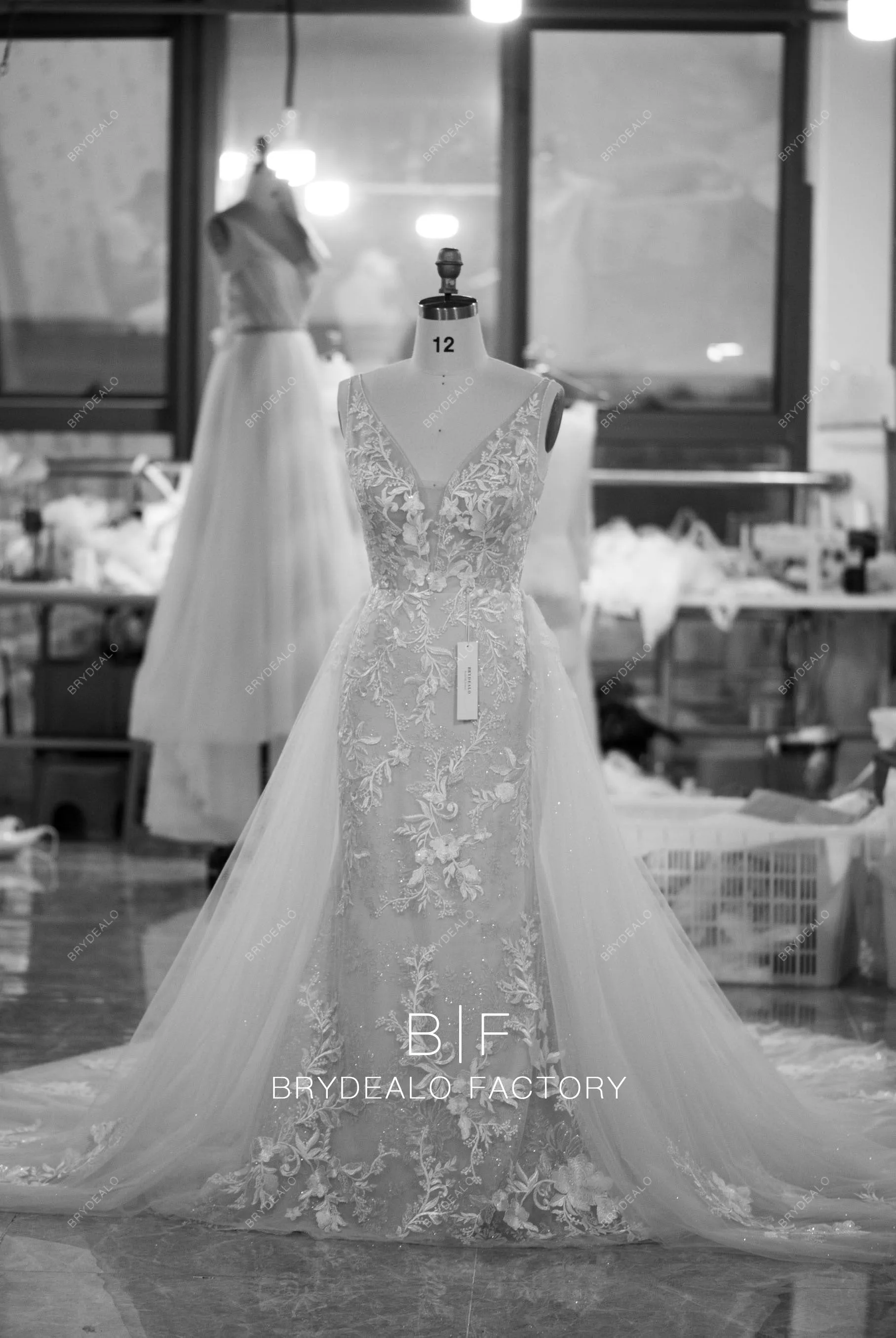 Beaded Plunge Neck Lace Mermaid Overskirt Bridal Gown