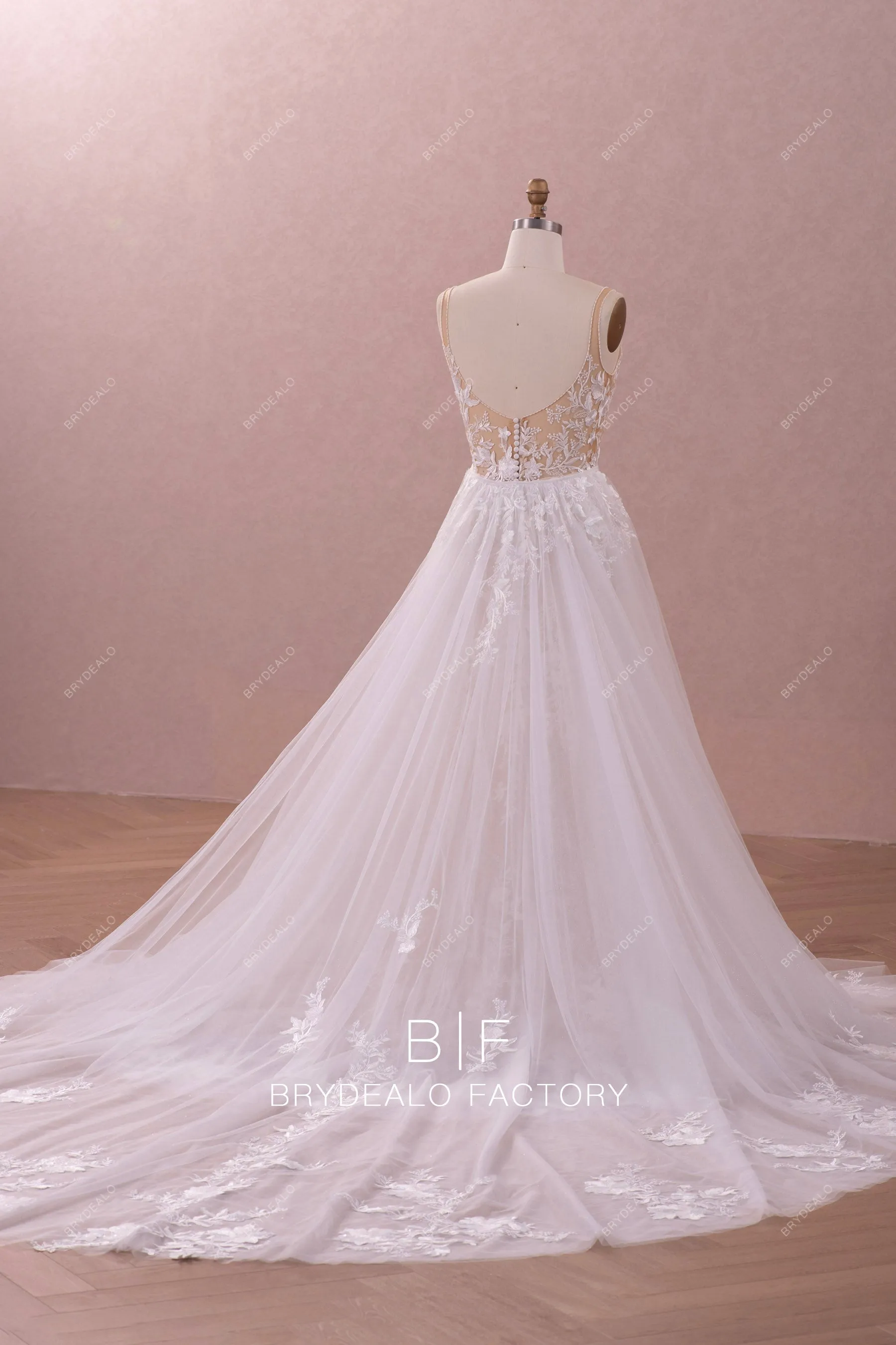 Beaded Plunge Neck Lace Mermaid Overskirt Bridal Gown