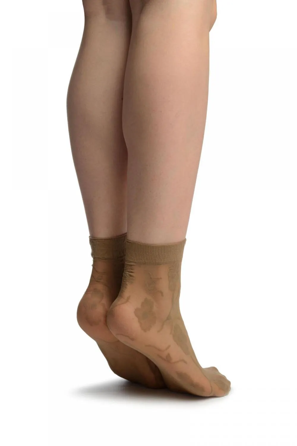 Beige Mesh With Large Flowers Ankle High Socks
