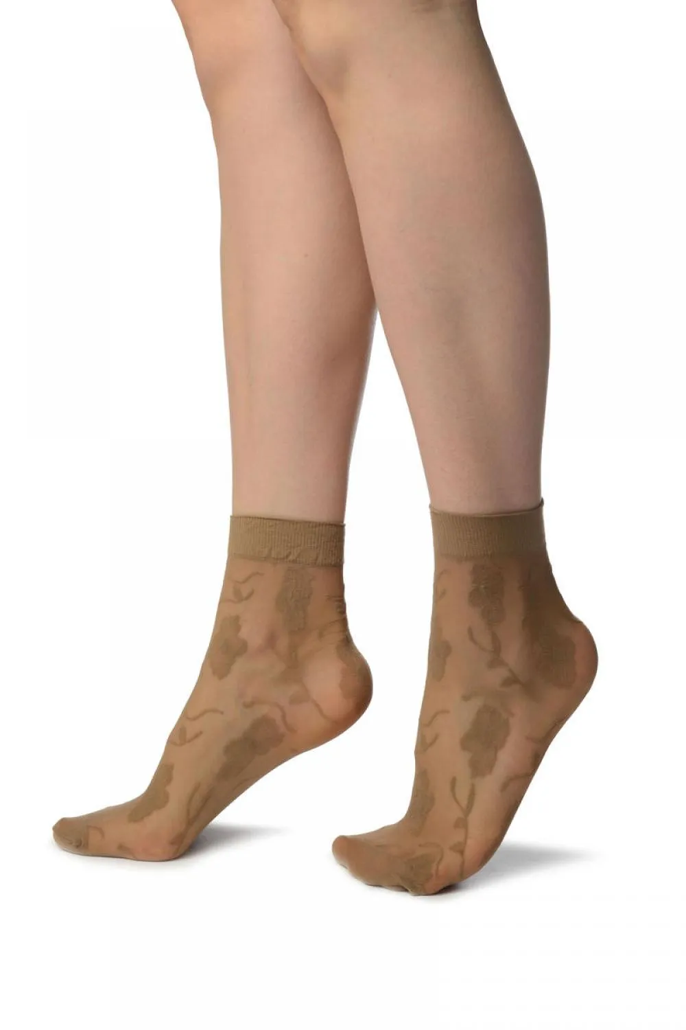 Beige Mesh With Large Flowers Ankle High Socks