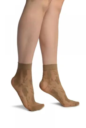 Beige Mesh With Large Flowers Ankle High Socks