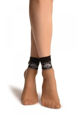 Beige With Black Top & White Lotus Flowers Socks Ankle High
