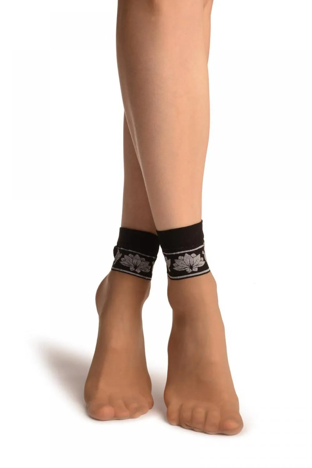 Beige With Black Top & White Lotus Flowers Socks Ankle High