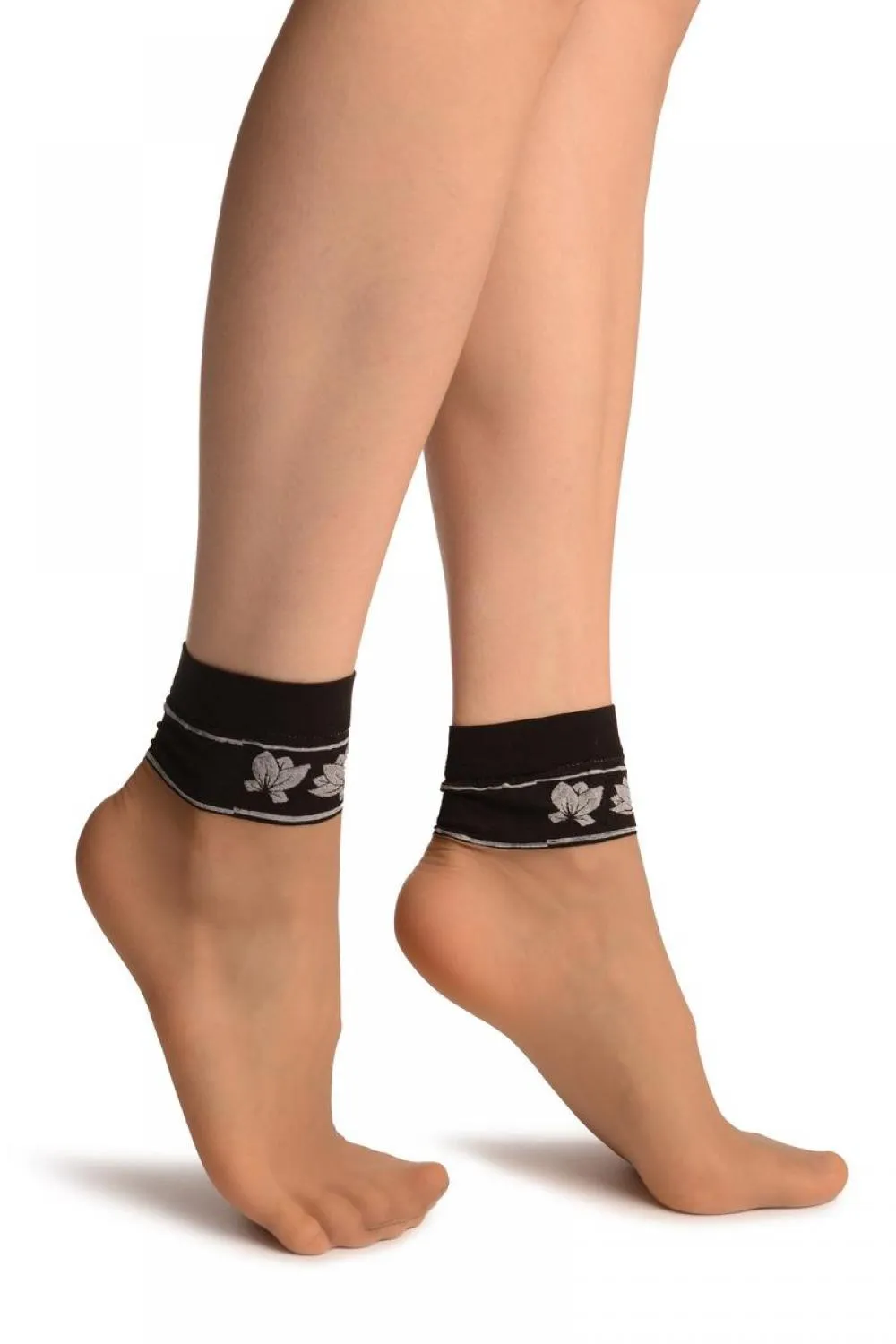 Beige With Black Top & White Lotus Flowers Socks Ankle High