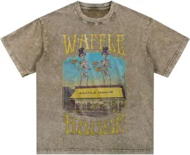 Bellelement Waffle House Vintage Acid Wash T-Shirt Hip Hop Tee Tops