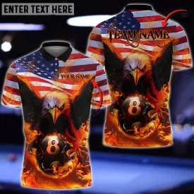 Billiards 8 Ball Fire US Flag Eagle Personalized Name 3D Polo Shirt