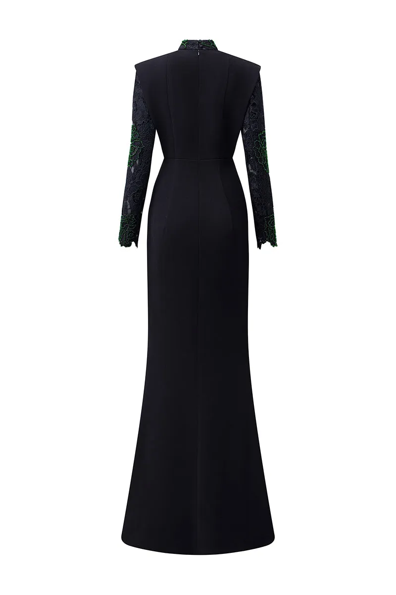 BLACK DRAPED NECK MERMAID GOWN IN LACE AND VELVET CREPE