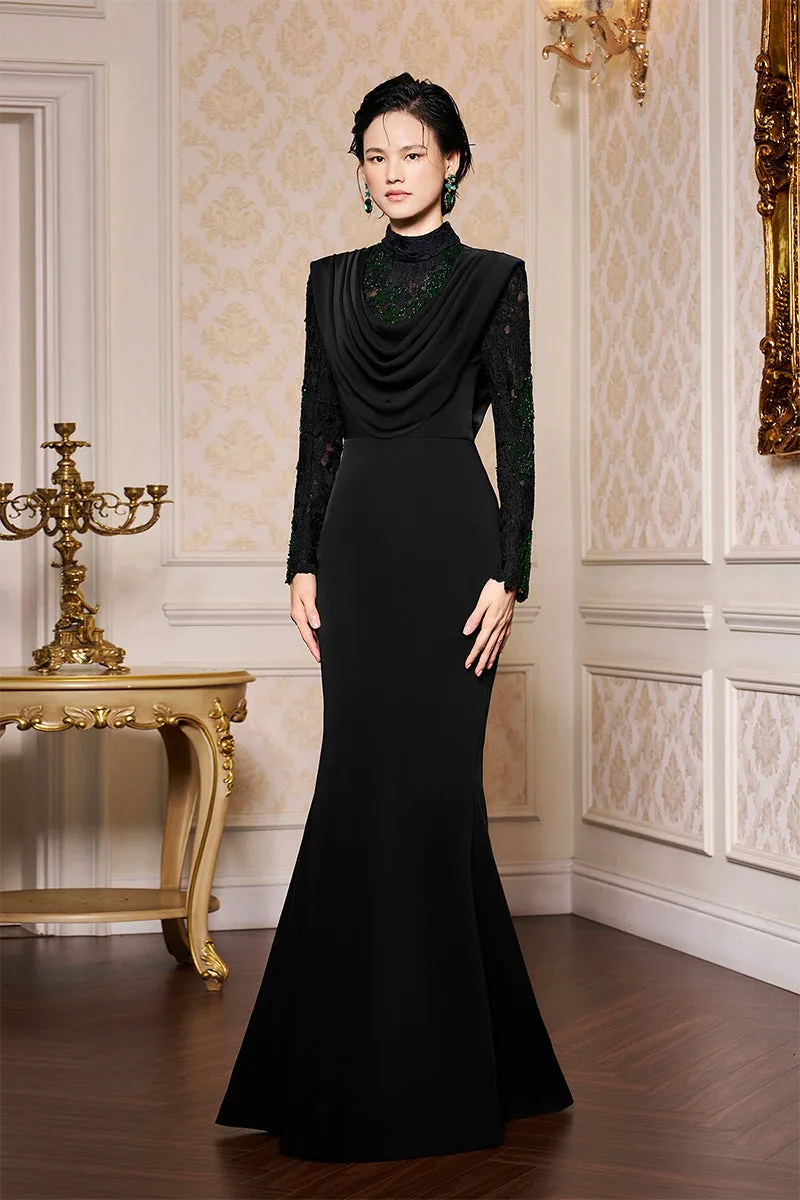 BLACK DRAPED NECK MERMAID GOWN IN LACE AND VELVET CREPE