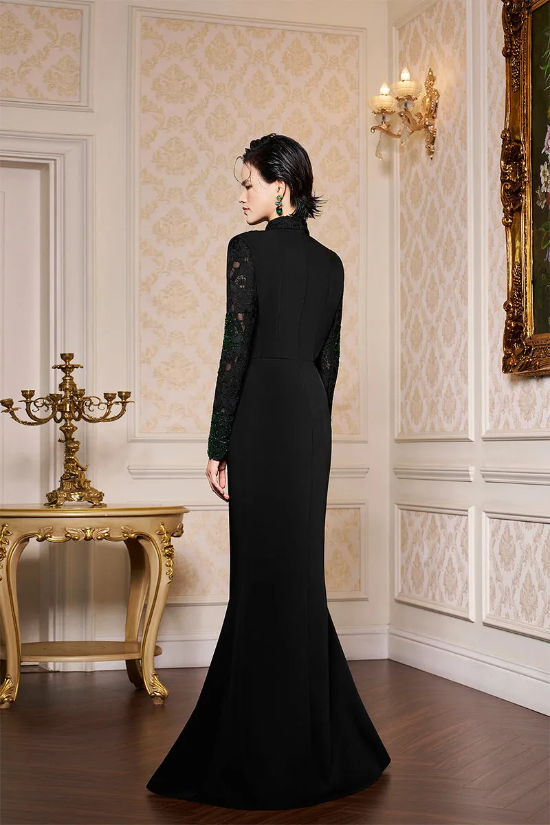 BLACK DRAPED NECK MERMAID GOWN IN LACE AND VELVET CREPE
