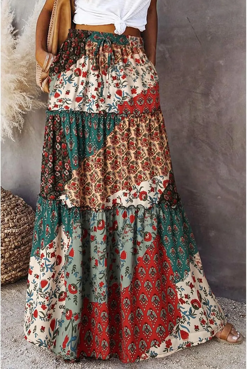 Boho Skirts for Women Summer Vacation High Waist Tie Loose Flower Print Elastic Waist Casual Long Maxi Party Skirt