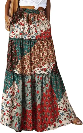 Boho Skirts for Women Summer Vacation High Waist Tie Loose Flower Print Elastic Waist Casual Long Maxi Party Skirt