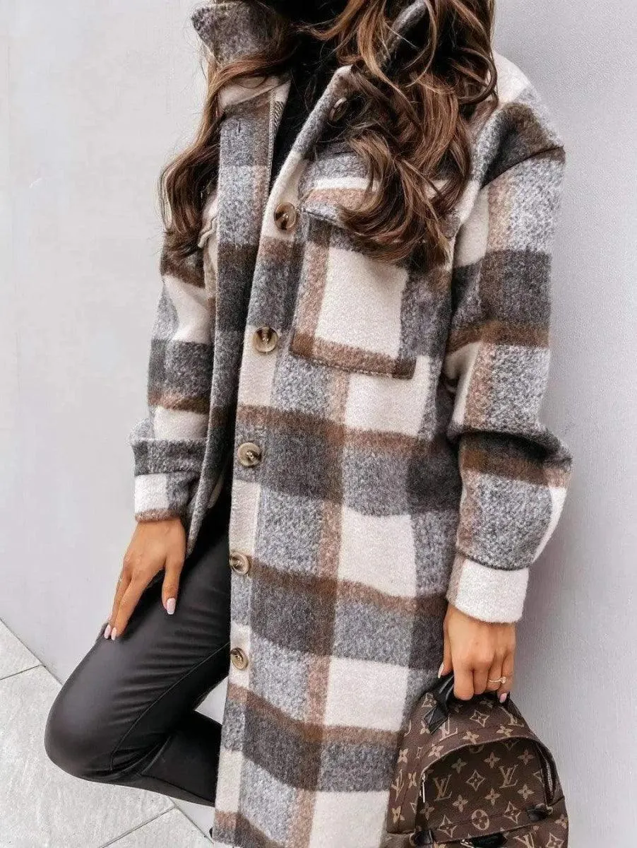 Button lapel casual warm plaid long woolen coat
