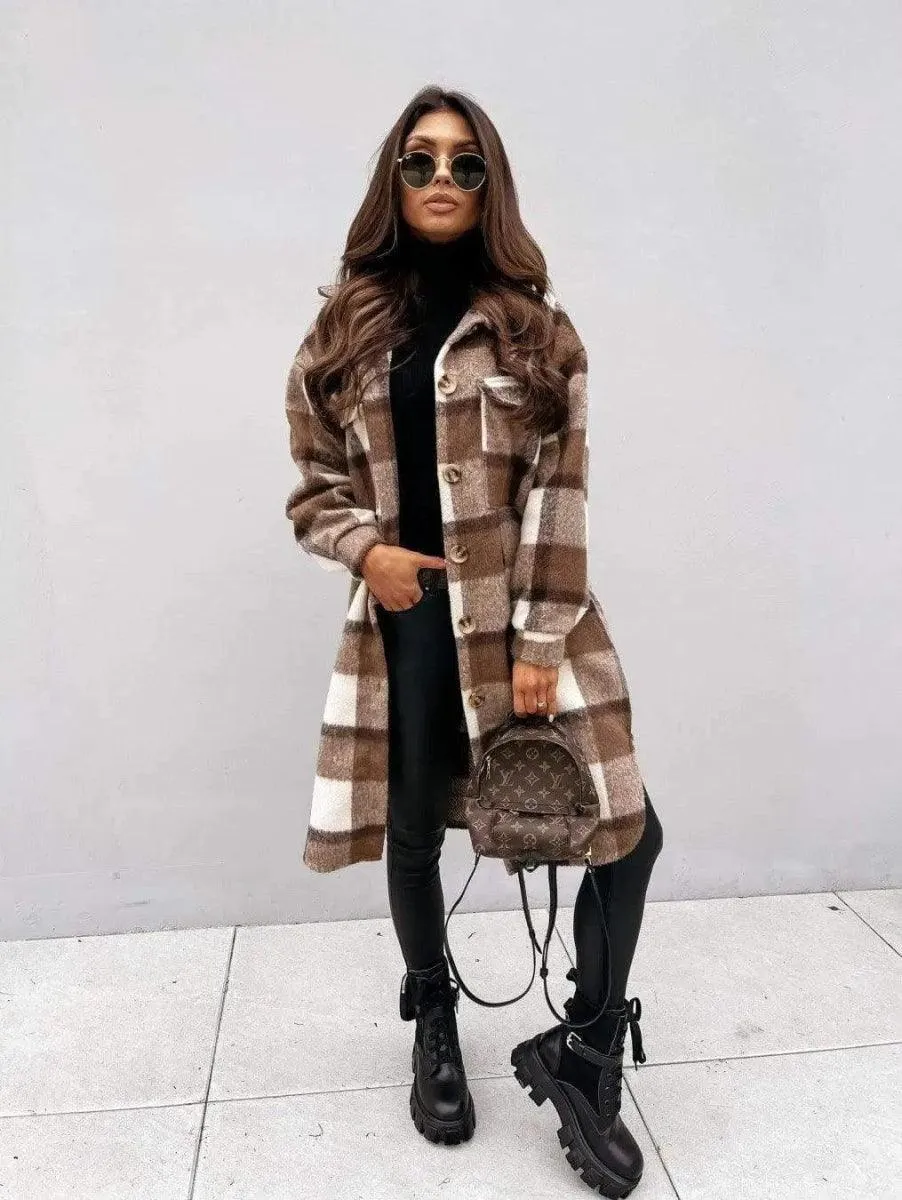 Button lapel casual warm plaid long woolen coat