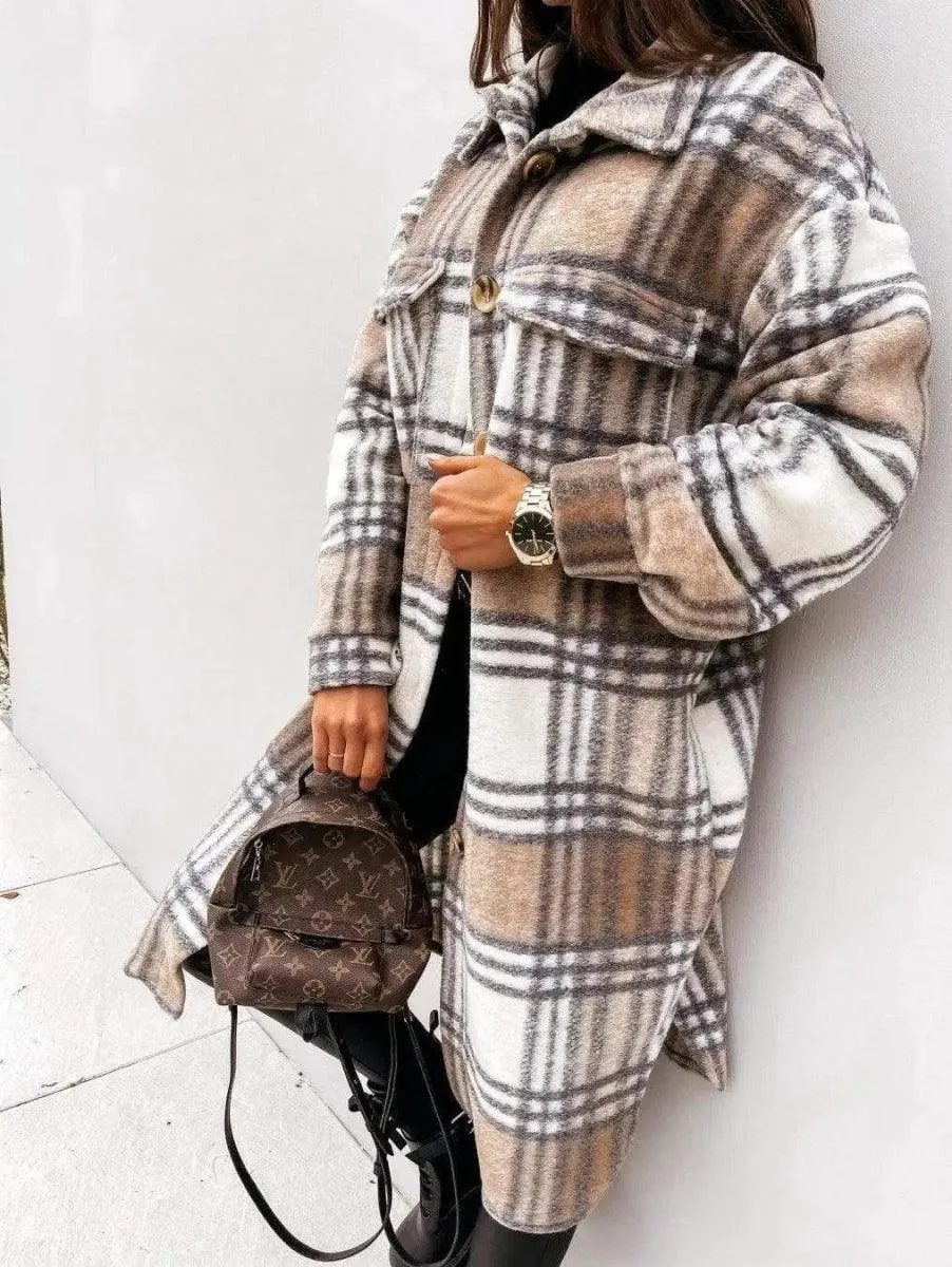Button lapel casual warm plaid long woolen coat