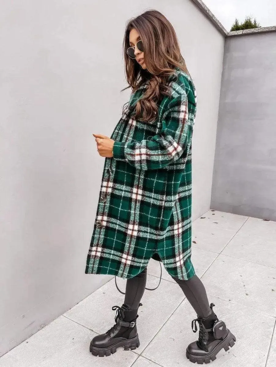 Button lapel casual warm plaid long woolen coat
