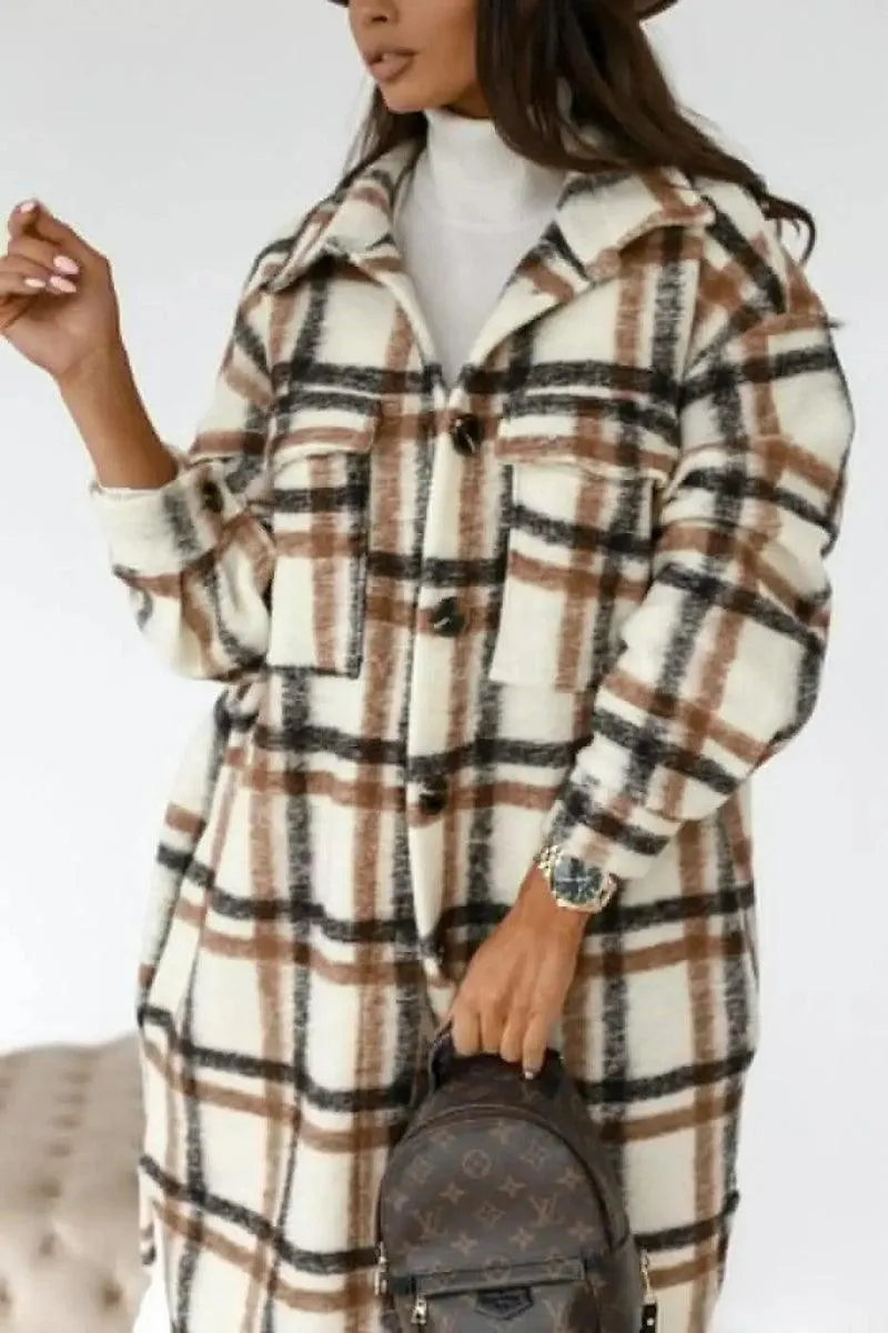 Button lapel casual warm plaid long woolen coat