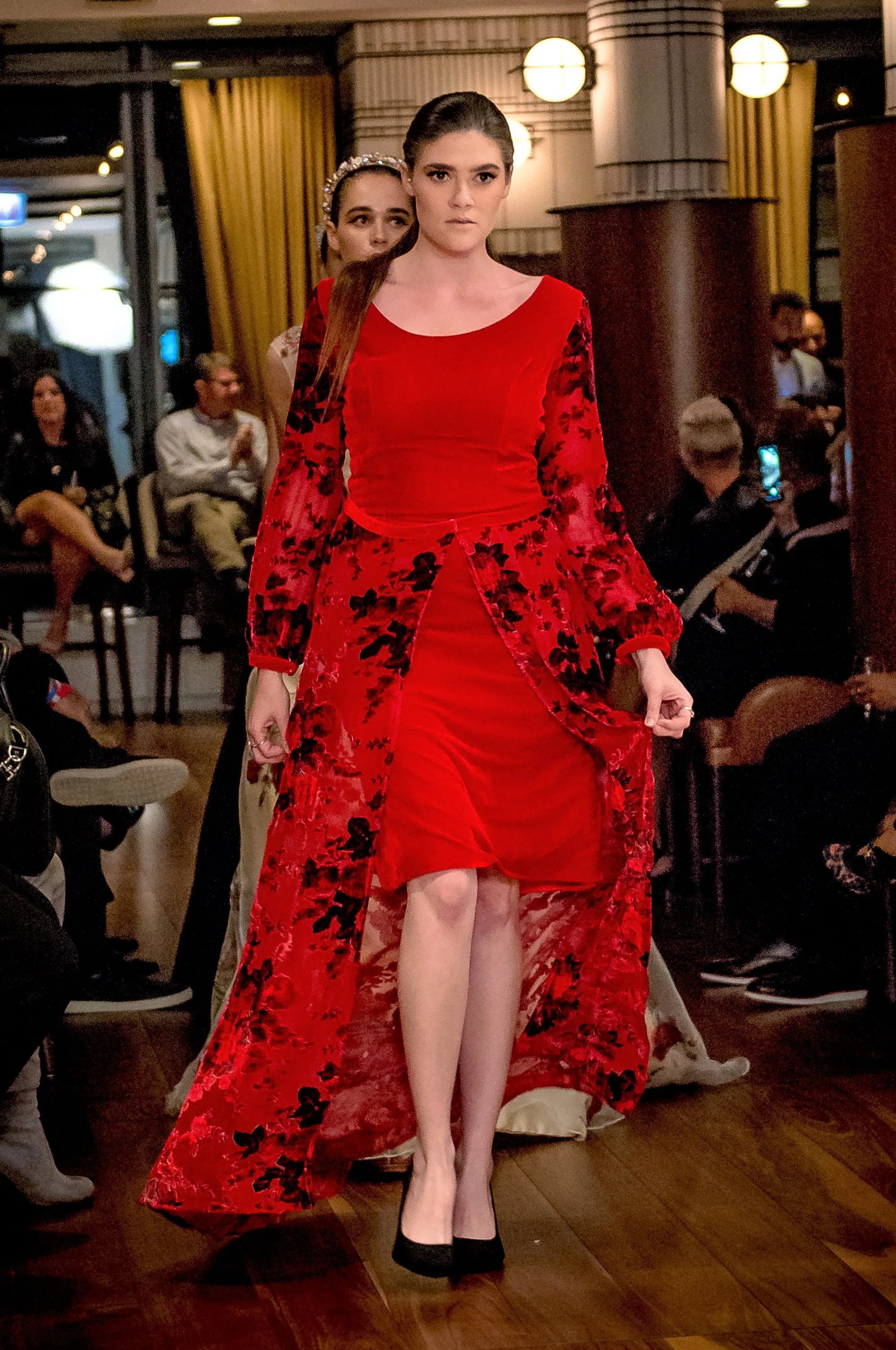 CAMELLIA Two-Piece Red Pure Silk Velvet Couture Evening Gown