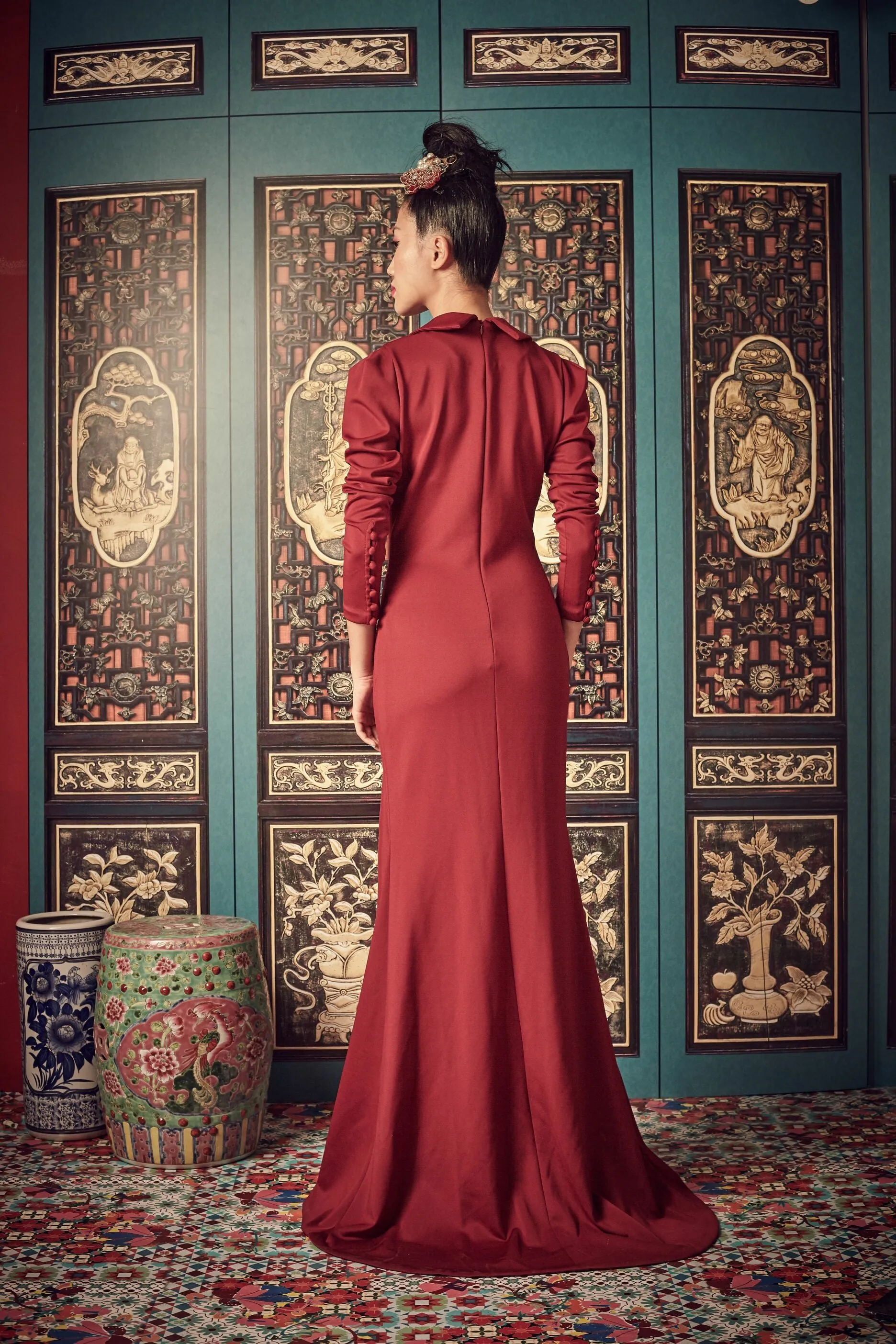 DARK RED NEOPRENE - DRAPED COLLAR BIAS CUT GOWN - MAROON