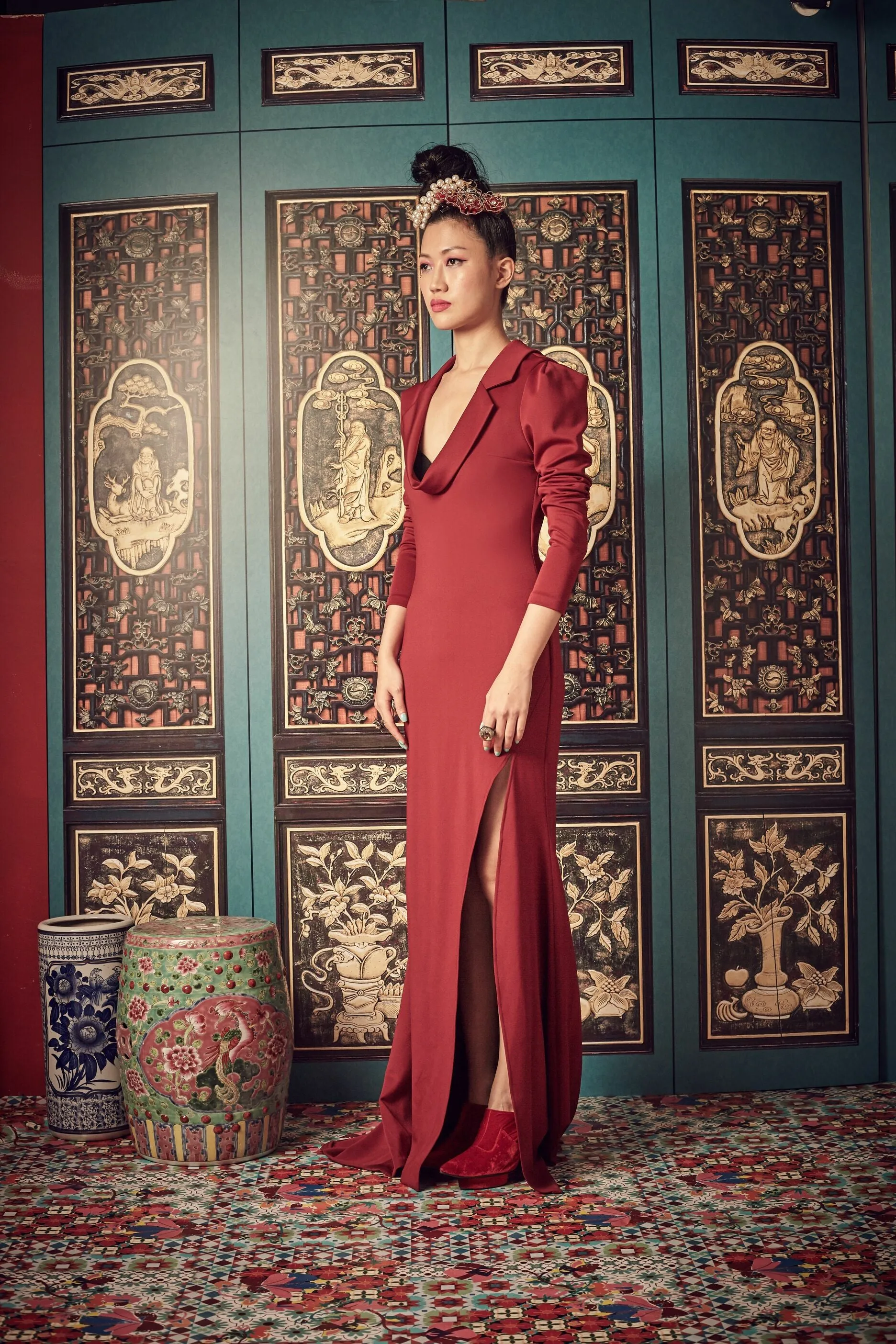 DARK RED NEOPRENE - DRAPED COLLAR BIAS CUT GOWN - MAROON