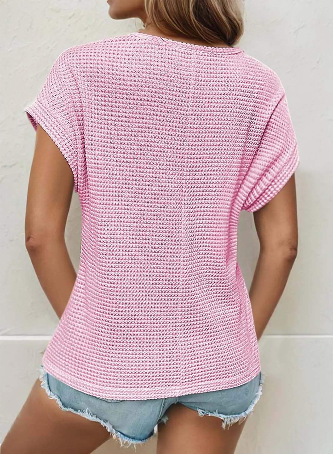 Dokotoo Women's Tops Casual Scoop Neck Short Sleeve Waffle Knit Hollow Out Shirts Loose Tunic Tops Blouses