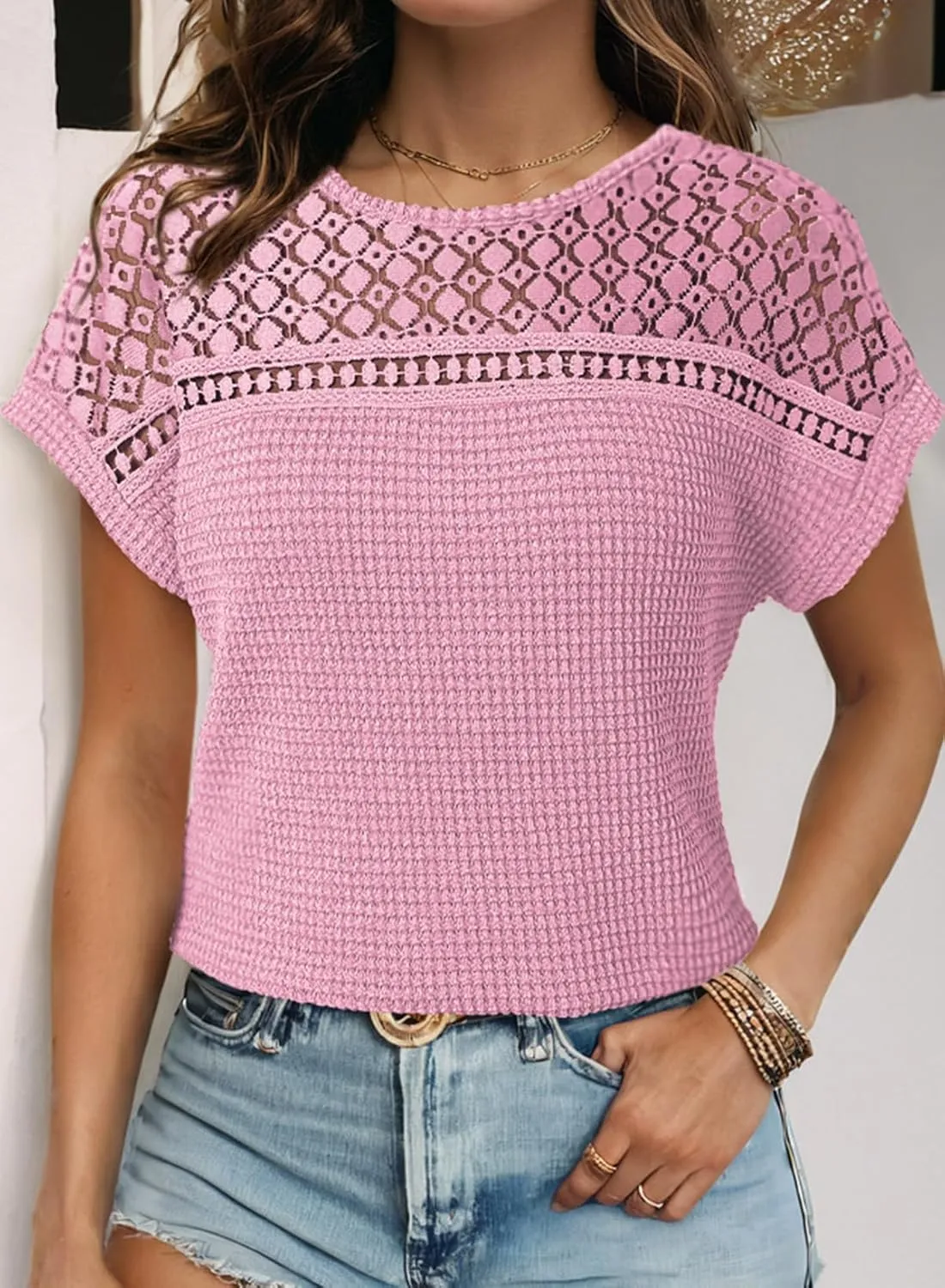 Dokotoo Women's Tops Casual Scoop Neck Short Sleeve Waffle Knit Hollow Out Shirts Loose Tunic Tops Blouses