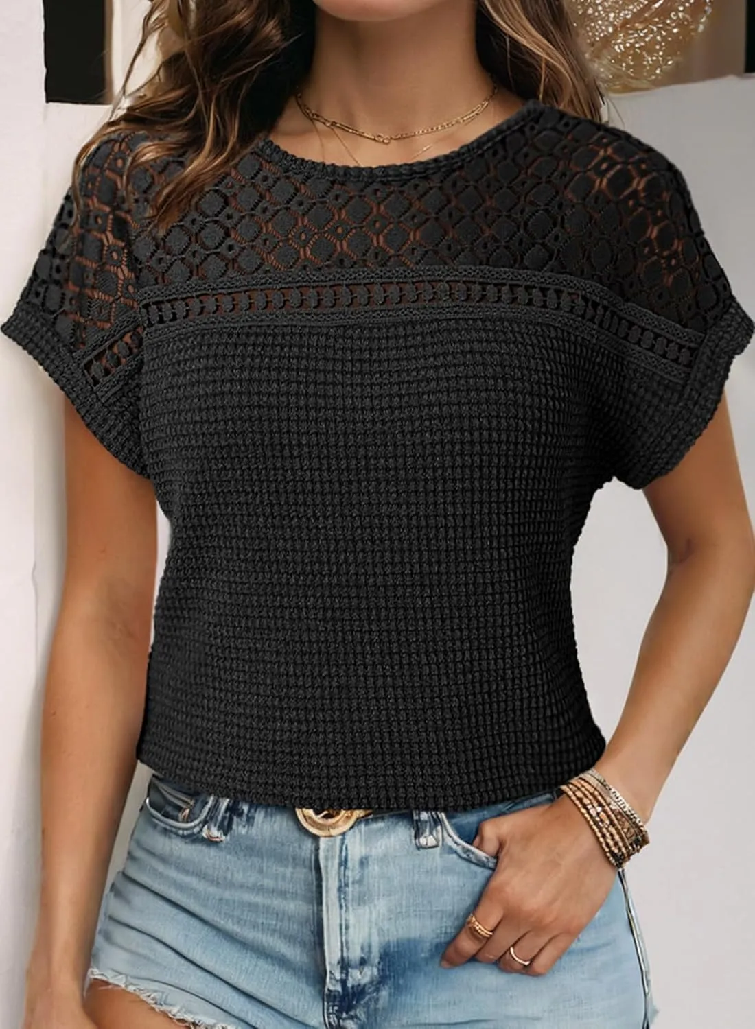 Dokotoo Women's Tops Casual Scoop Neck Short Sleeve Waffle Knit Hollow Out Shirts Loose Tunic Tops Blouses