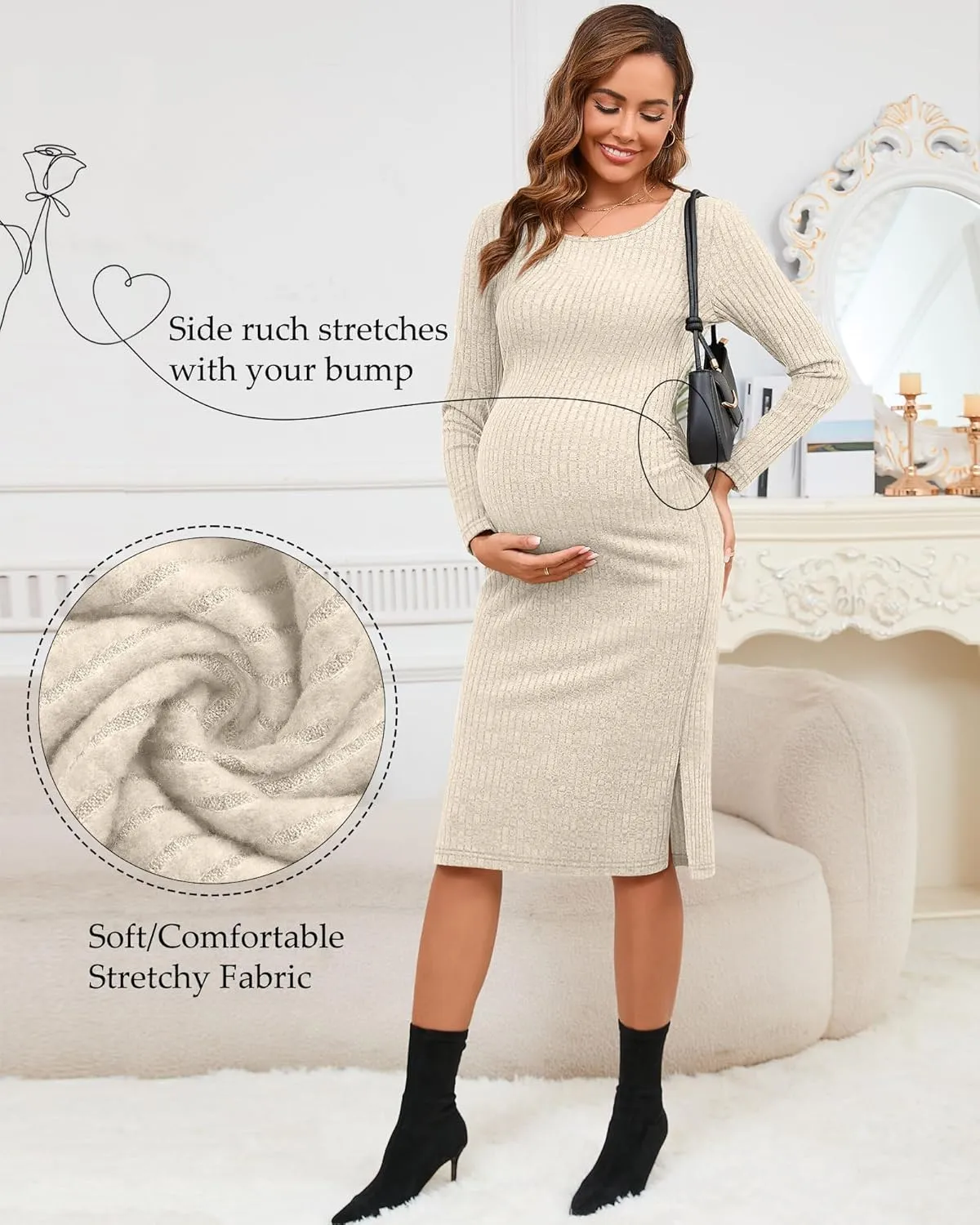 Ficerd Women's Ribbed Knit Maternity Dresses Long Sleeve Pregnancy Bodycon Dress 2025 Split Stretchy Clothes for Baby Shower
