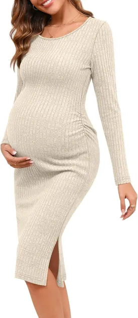 Ficerd Women's Ribbed Knit Maternity Dresses Long Sleeve Pregnancy Bodycon Dress 2025 Split Stretchy Clothes for Baby Shower