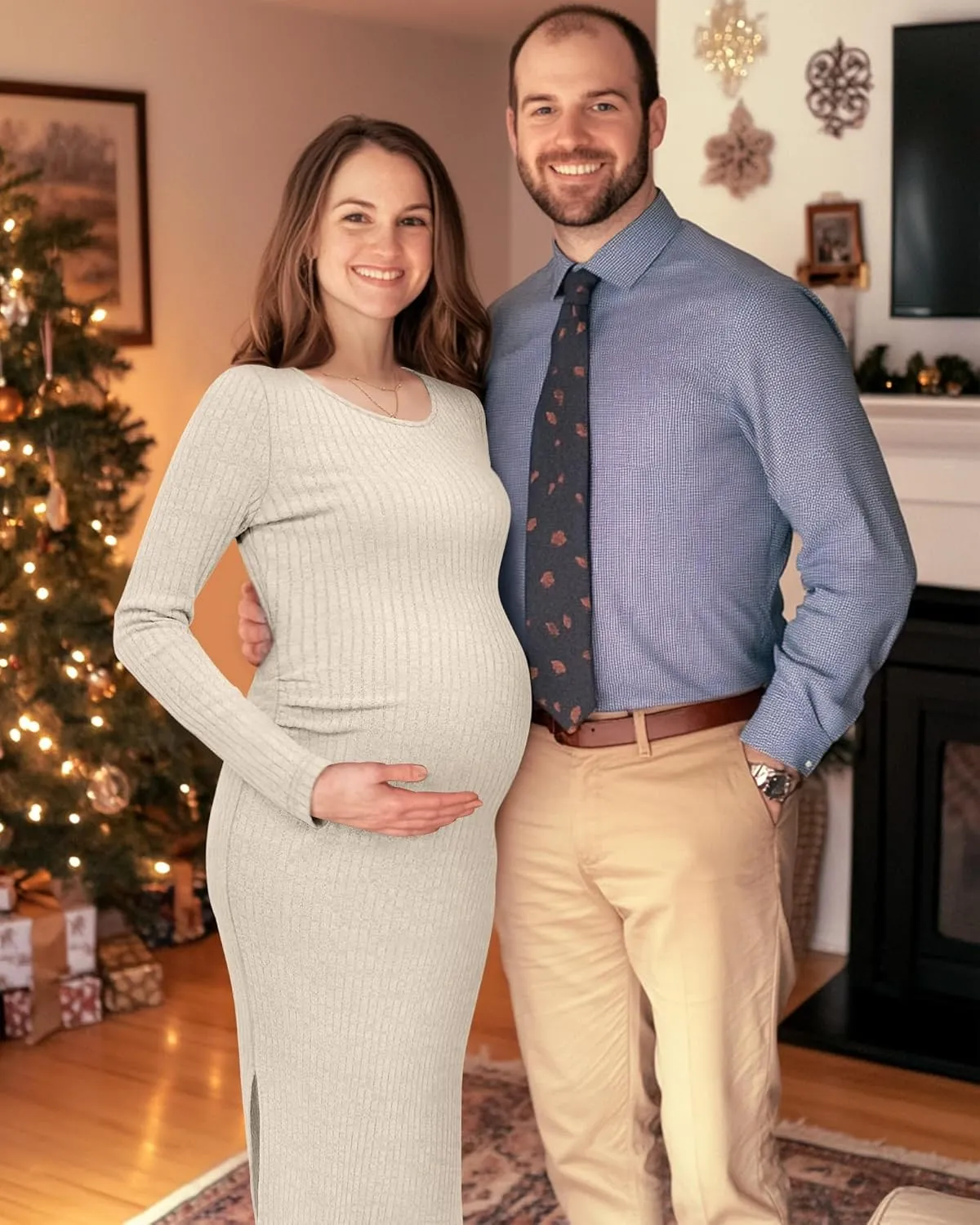 Ficerd Women's Ribbed Knit Maternity Dresses Long Sleeve Pregnancy Bodycon Dress 2025 Split Stretchy Clothes for Baby Shower