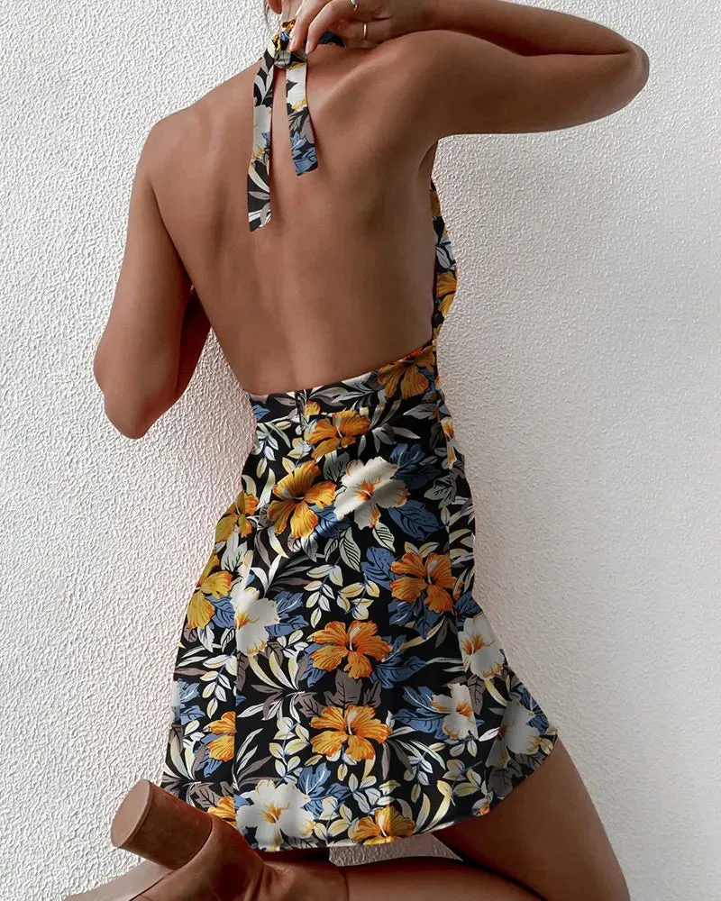Floral Halter Tie A-Line Backless Mini Dress