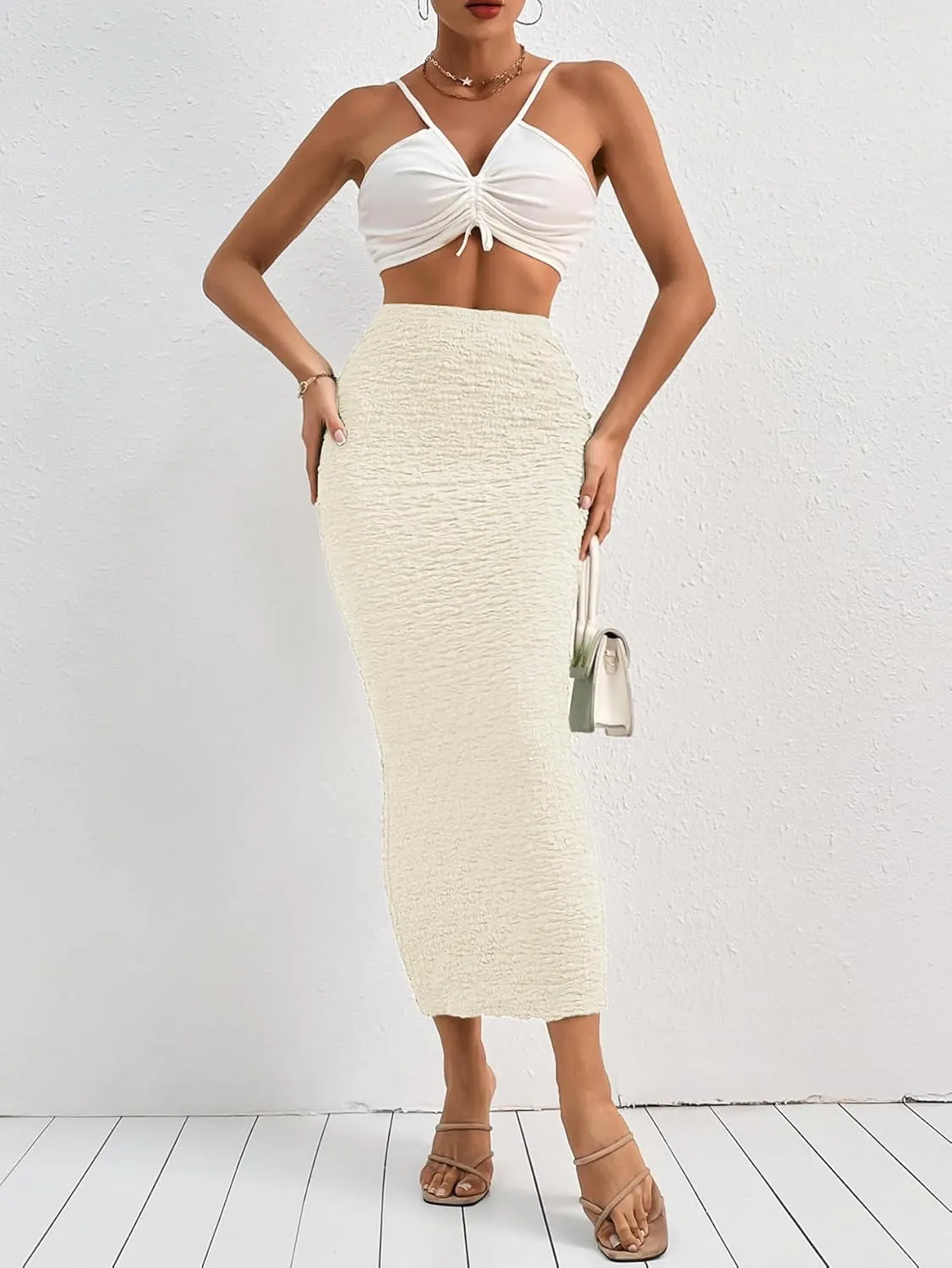 GORGLITTER Women's High Waisted Long Pencil Skirts Ribbed Knit Flowy Bodycon Maxi Skirt Summer Trendy 2025