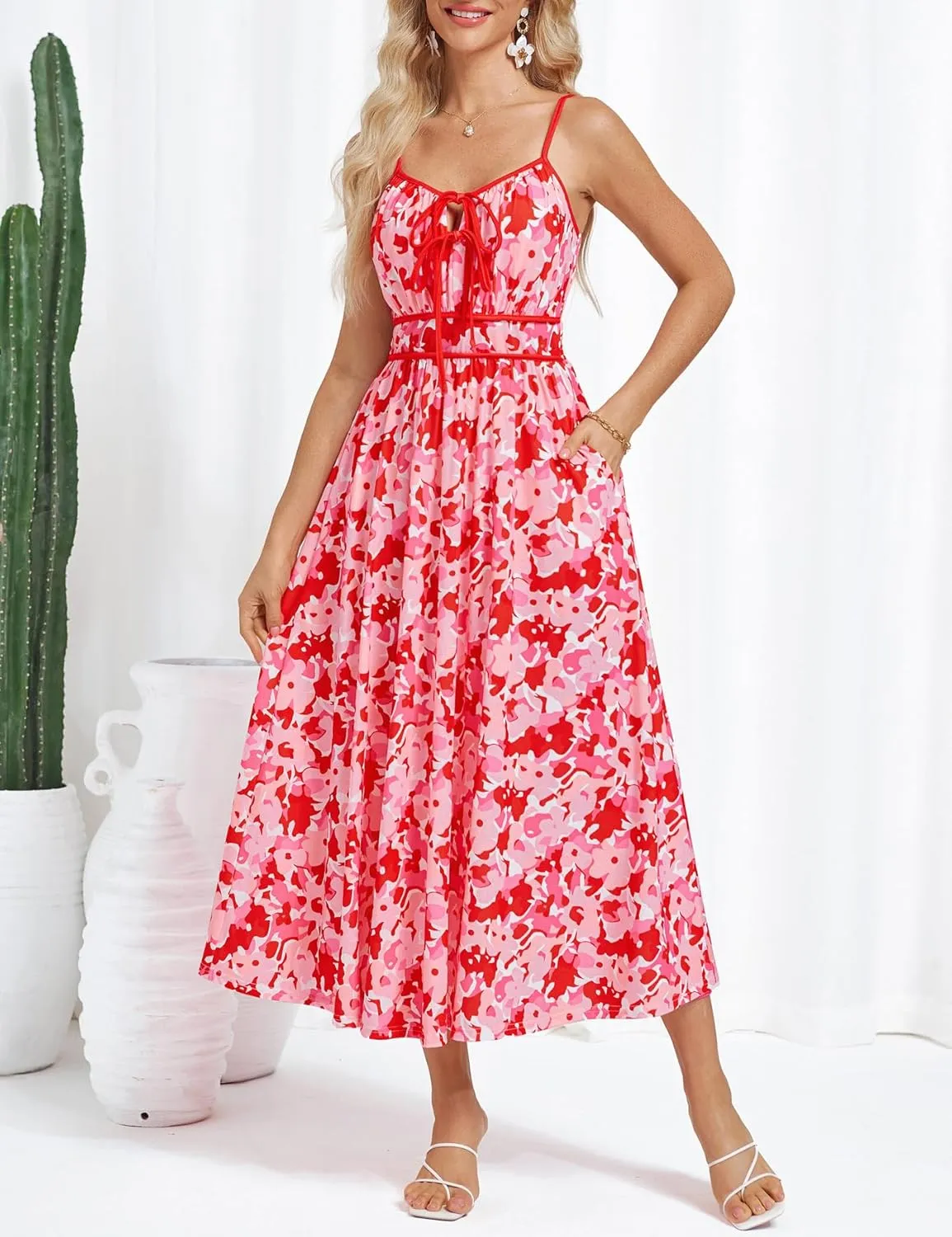 GRACE KARIN Women's 2025 Summer Casual Floral Boho Dress Spaghetti Strap Flowy Beach Maxi Dresses