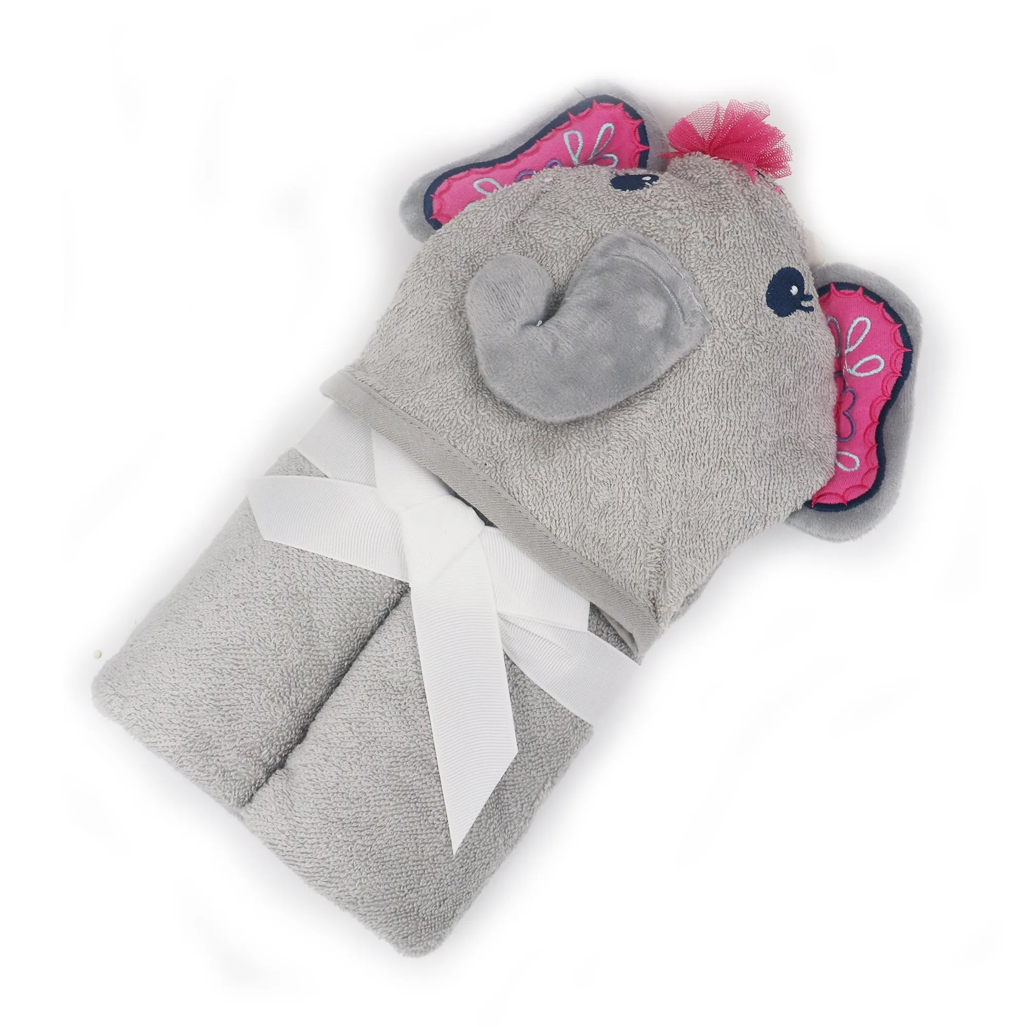 Grey Elephant Cotton Hooded Baby Bath Towel with Baby Loofah
