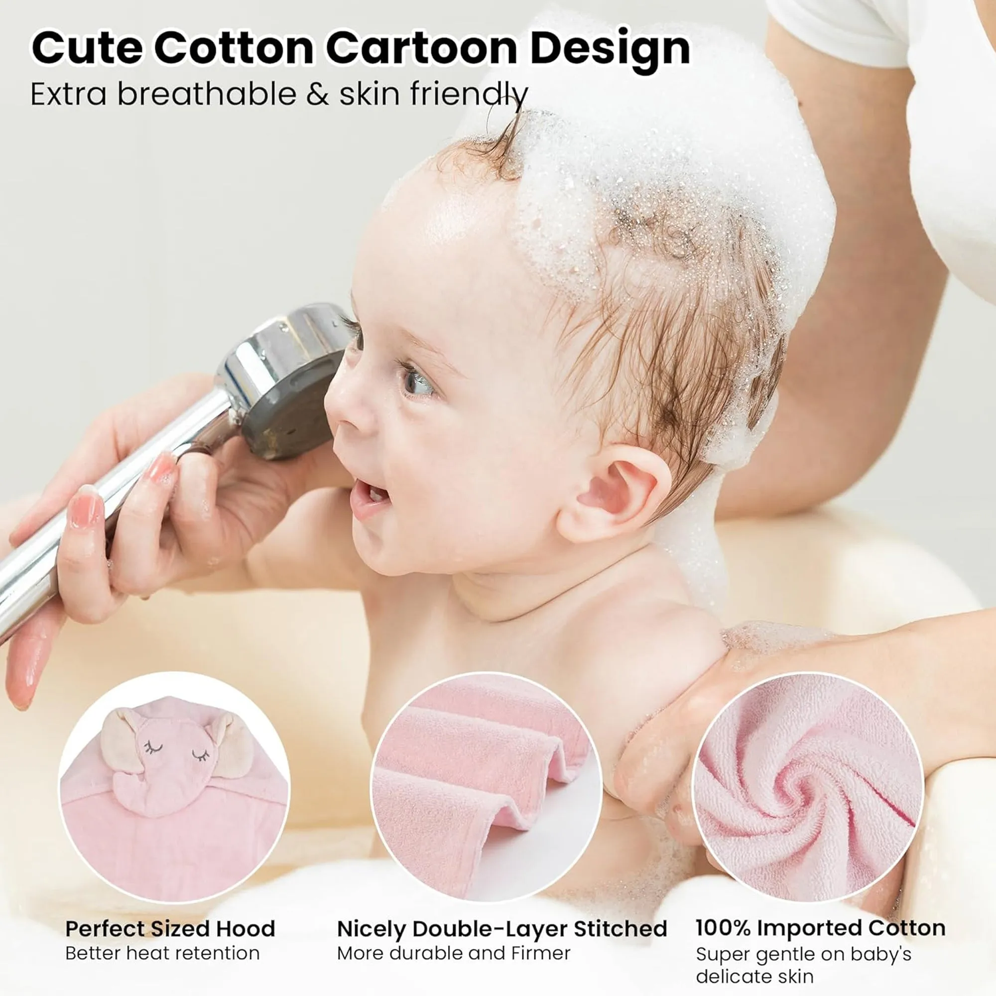 Grey Elephant Cotton Hooded Baby Bath Towel with Baby Loofah