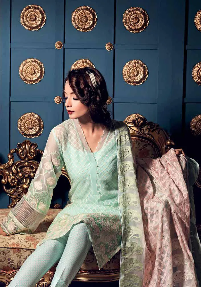 Gul Ahmed Luxury Chiffon Collection - Light Green 3 Pc Premium Embroidered Chiffon PM-203