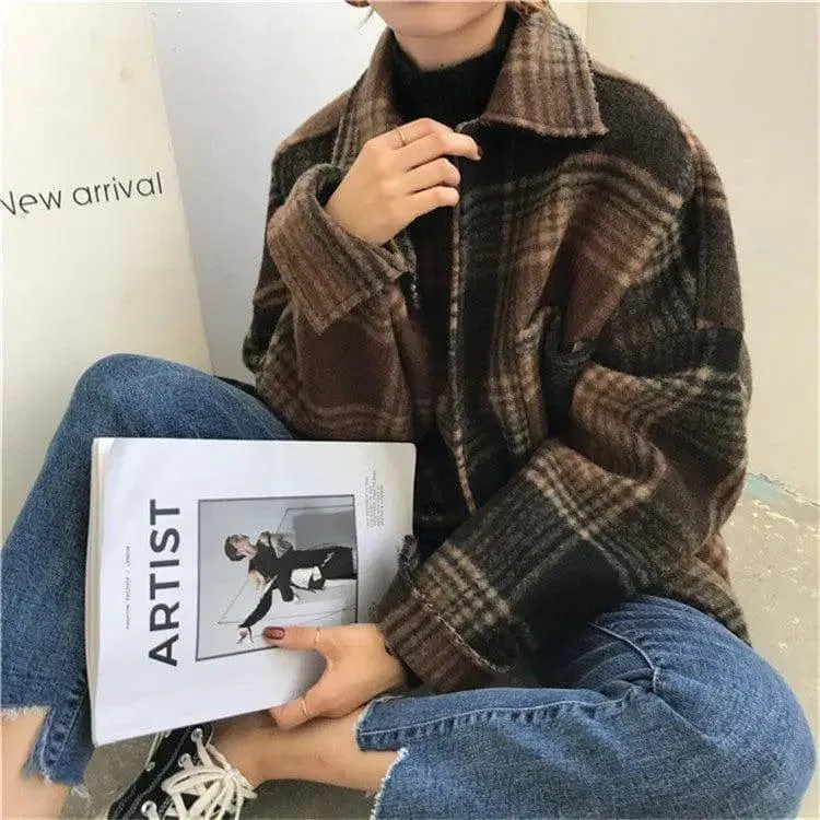 Harajuku Style Women's Mid-length Loose Plaid Woolen Coat