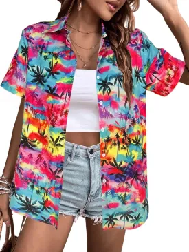 Hawaiian Shirts Women Hawaii Tshirt Cool Floral Tropic Print Graphic Tees Tops Button Up Summer Vacation Shirt