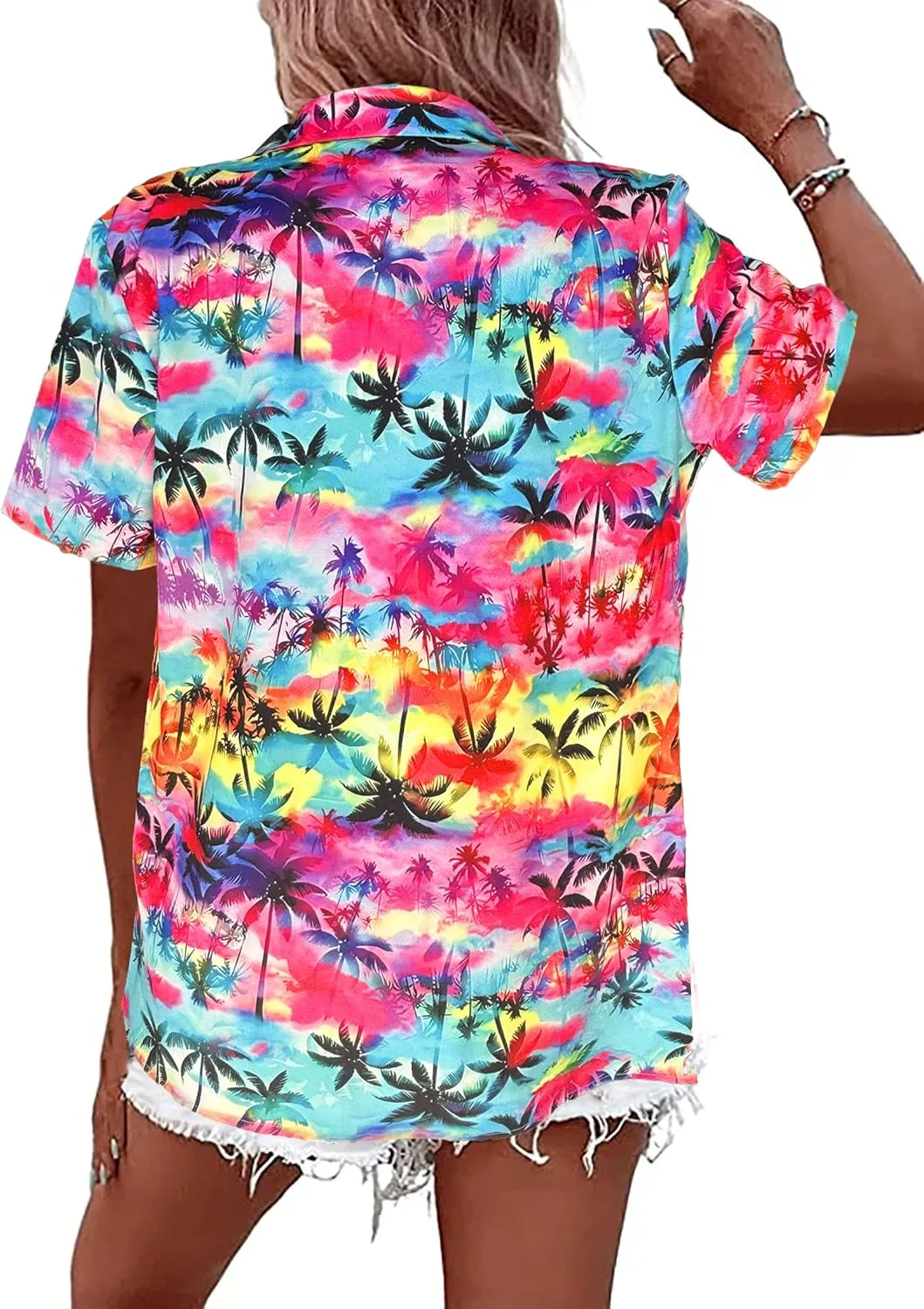 Hawaiian Shirts Women Hawaii Tshirt Cool Floral Tropic Print Graphic Tees Tops Button Up Summer Vacation Shirt