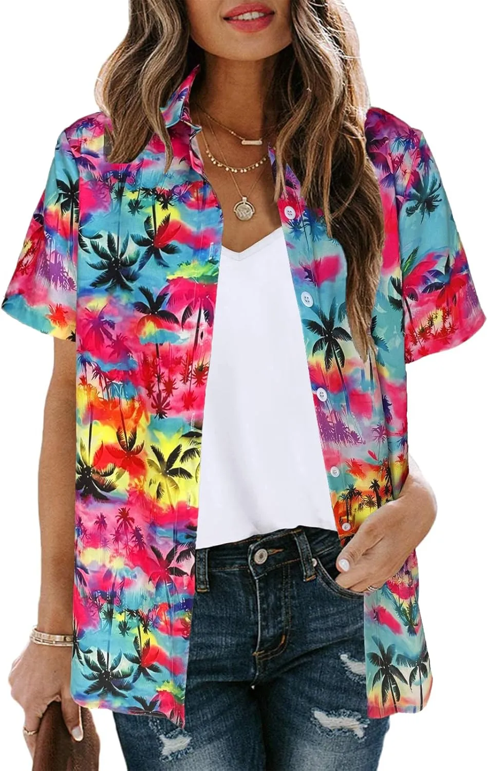Hawaiian Shirts Women Hawaii Tshirt Cool Floral Tropic Print Graphic Tees Tops Button Up Summer Vacation Shirt