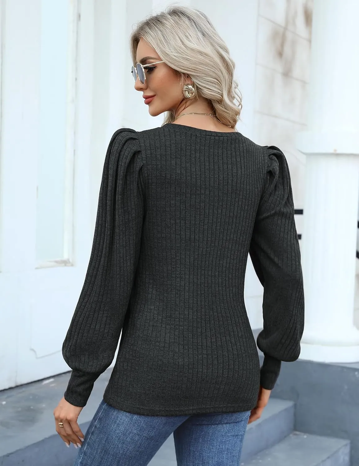 HOTOUCH Women's Knit Blouse Soft Puff Long Sleeve Shirt Tops Lightweight Round Neck Pullover Sweater S-XXL