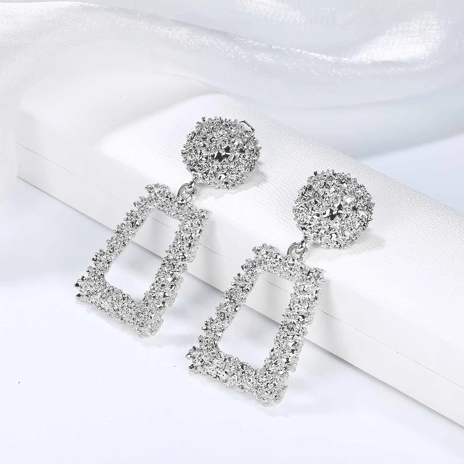 Jstyle Gold Statement Clip On Earrings for Women, Big Rectangle Geometric Dangle Clip Earrings Fashion Large Gold Silver Hot Pink Drop Earrings for Women Non Pierced