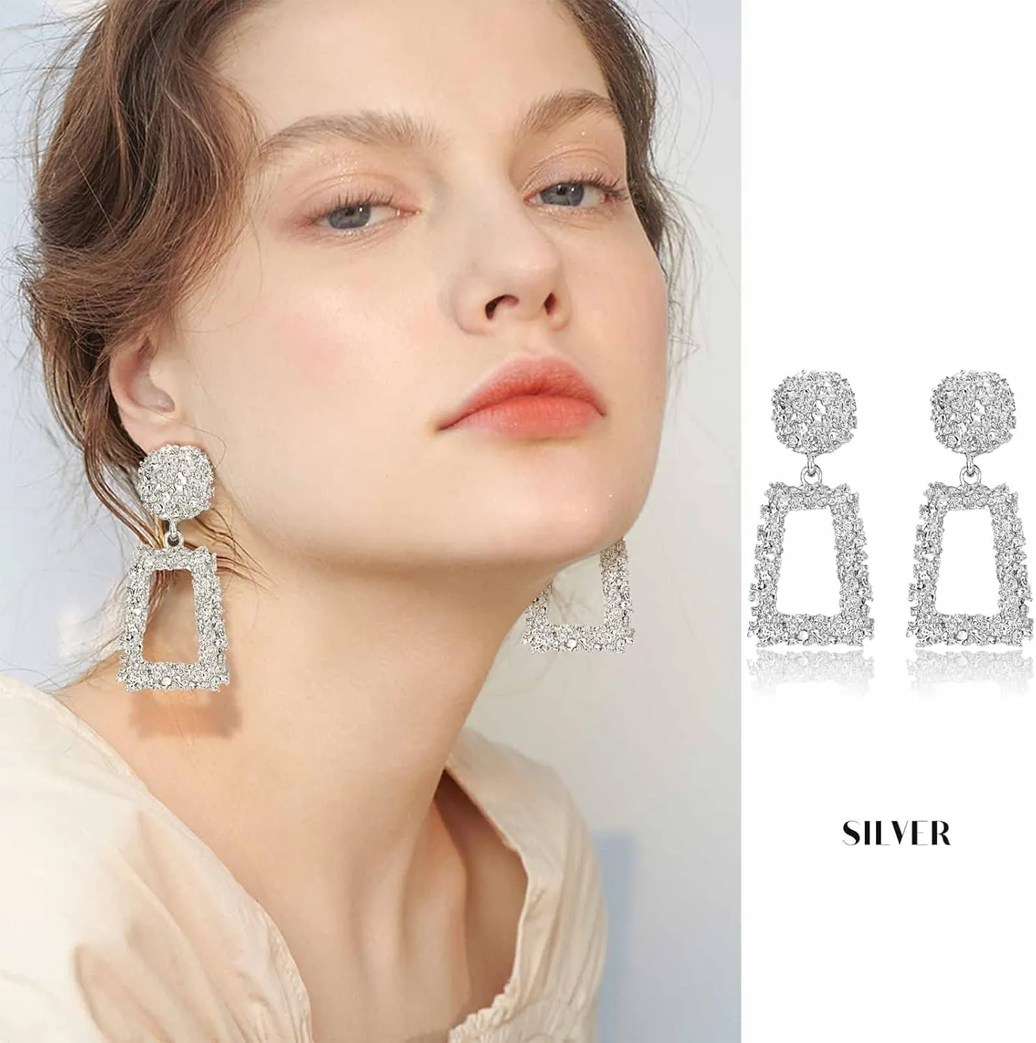 Jstyle Gold Statement Clip On Earrings for Women, Big Rectangle Geometric Dangle Clip Earrings Fashion Large Gold Silver Hot Pink Drop Earrings for Women Non Pierced