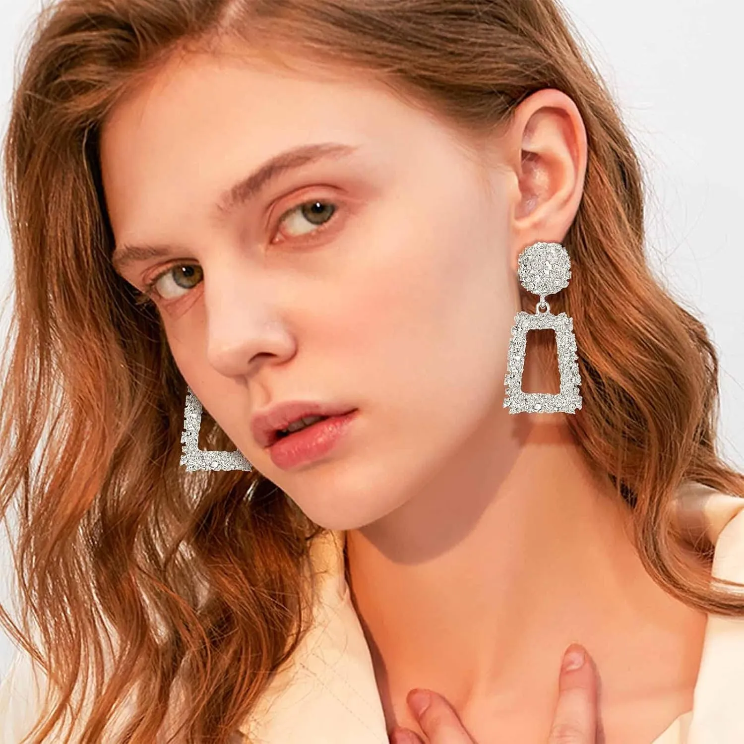 Jstyle Gold Statement Clip On Earrings for Women, Big Rectangle Geometric Dangle Clip Earrings Fashion Large Gold Silver Hot Pink Drop Earrings for Women Non Pierced