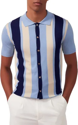 Kallspin Men's Vintage Knit Polo Shirt Short Sleeve Striped Button Down Knitting Golf Shirts