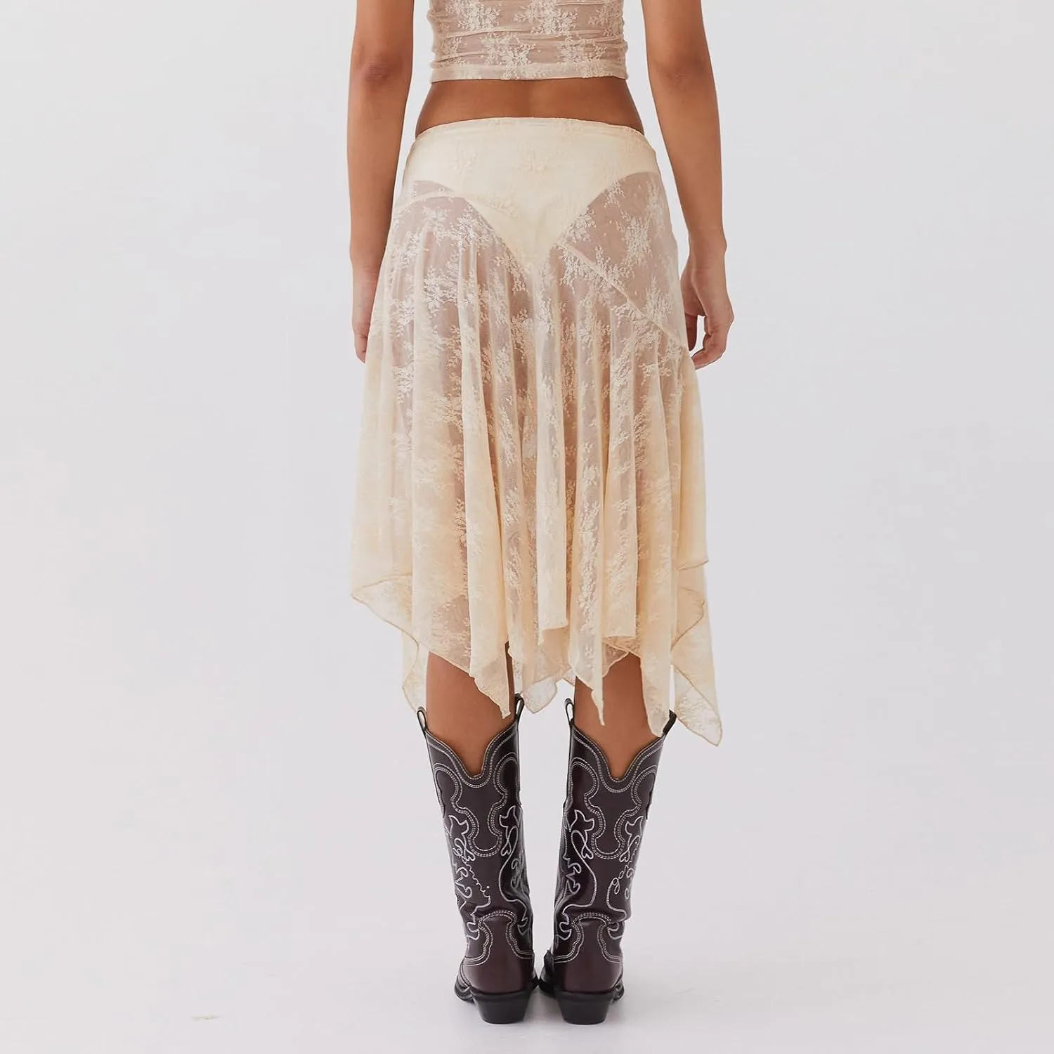 KMBANGI Womens Mesh Lace Long Skirt Asymmetrical Layered Ruffle Maxi Skirts Flowy Y2k See Through Midi Skirt Summer