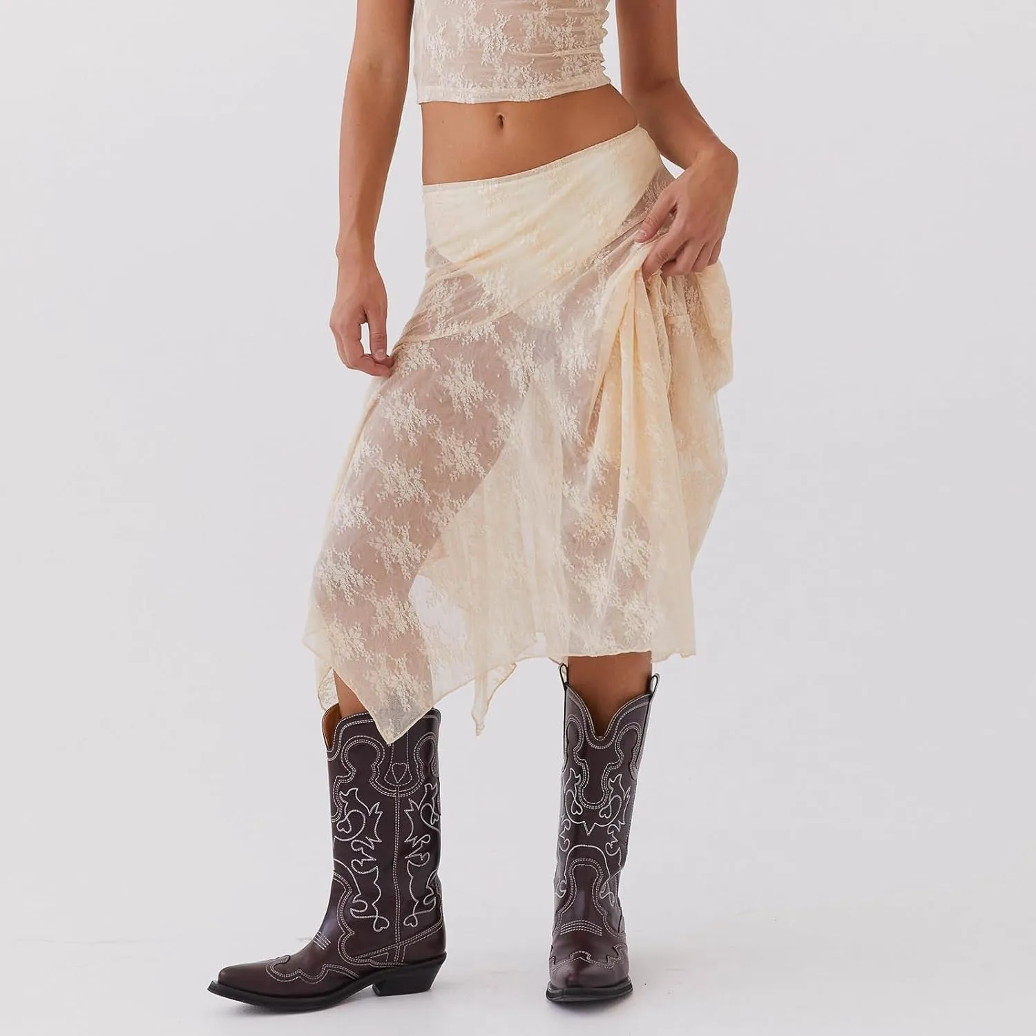 KMBANGI Womens Mesh Lace Long Skirt Asymmetrical Layered Ruffle Maxi Skirts Flowy Y2k See Through Midi Skirt Summer